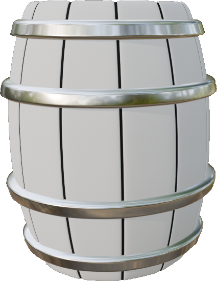 A 3D-model of a detailed barrel with white wood and metallic silver bands