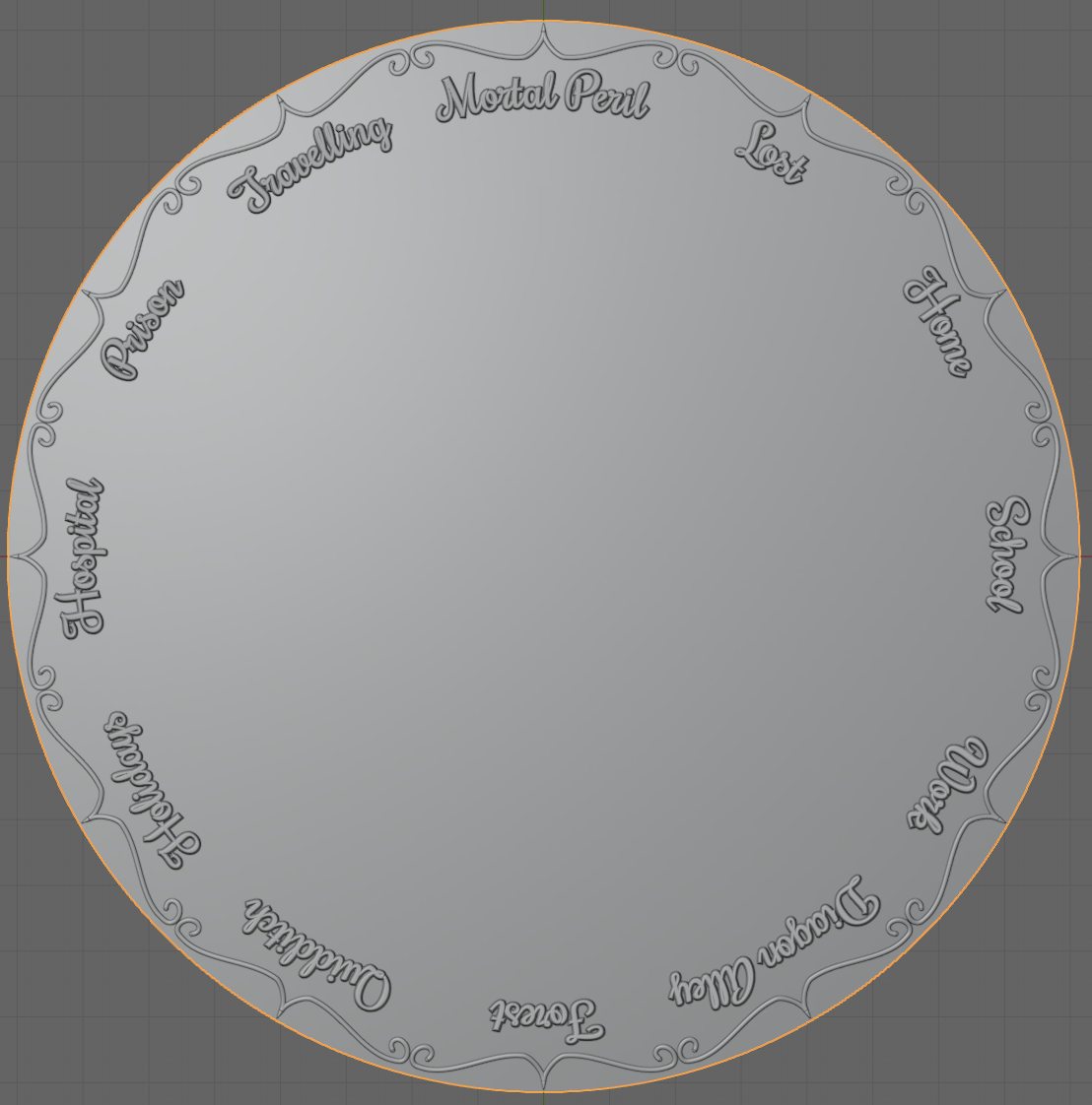 En urtavla med texterna i relation till positionen på en vanlig klocka: Mortal Peril i position 12, Lost i position 1, Home i position 2, School i position 3, Work i position 4, Diagon Alley i position 5, Forest i position 6, Quidditch i position 7, Holidays i position 8, Hospital i position 9, Prison i position 10, Travelling i position 11